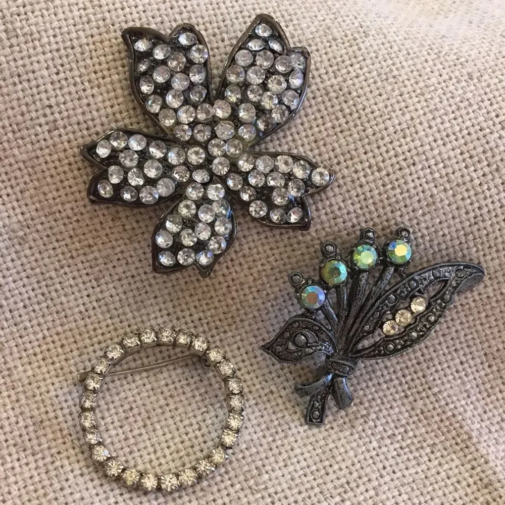 Set of 3 Rhinestone Pins Floral & Round Circle